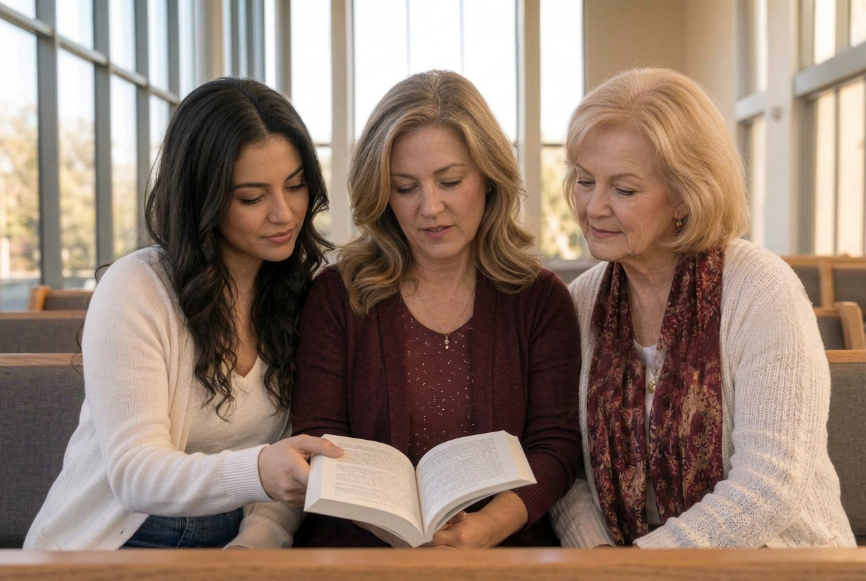 Tres generaciones leen juntas un libro abierto en una iglesia moderna